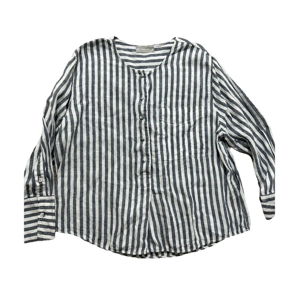 Everlane Women's 16 Linen Popover Shirt in Bone and grey stripes long sleeve top - Picture 3 of 10